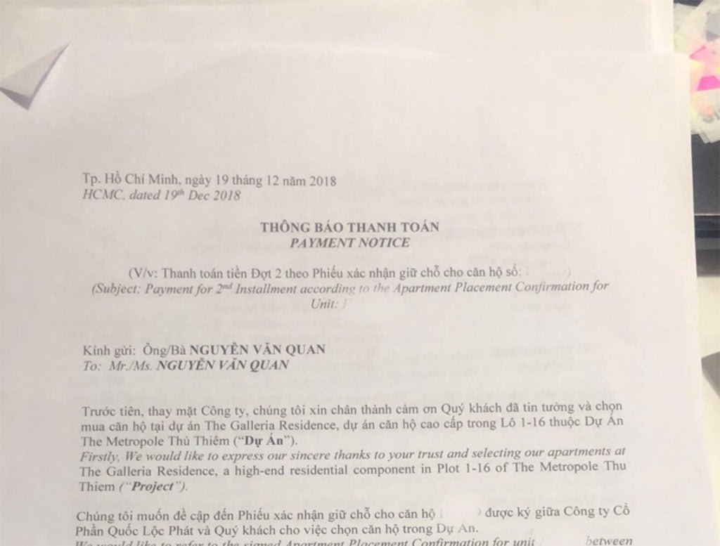 Thanh toán tiền đợt 2 căn hộ Metropole Thủ Thiêm